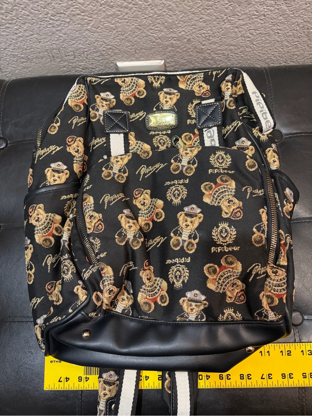 PIPIBEAR Black Teddy Bear Print Backpack Zip Gold Hardware Adjustable Strap